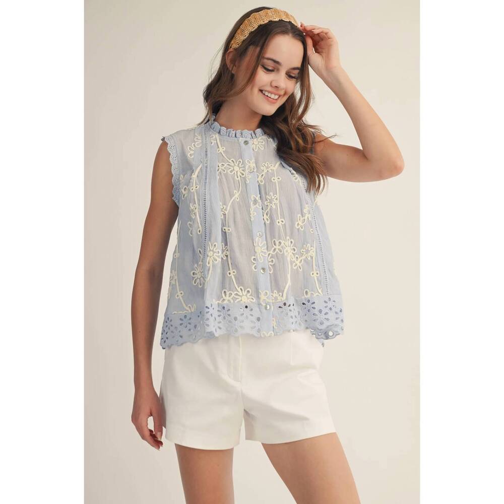 NEW LOVLOV embroidered top in ice blue